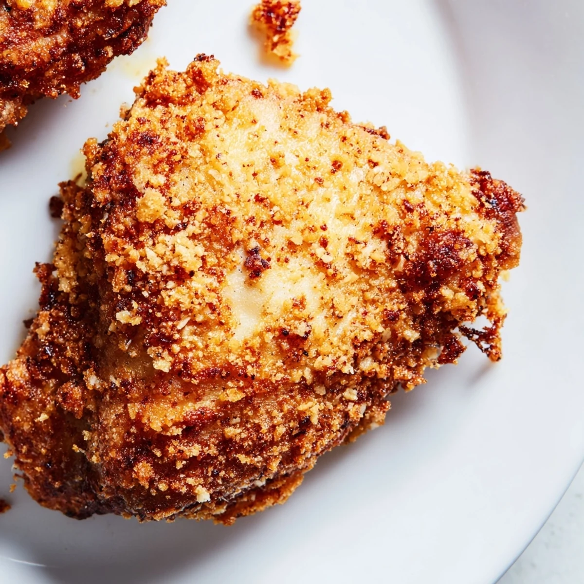 Golden crispy dill pickle chicken pieces stacked on a wire rack with pickle garnish