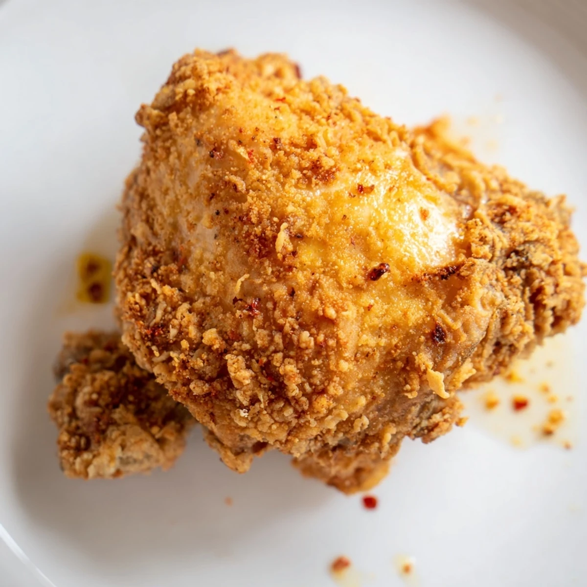 Homemade crispy dill pickle chicken served on white plate with fresh dill sprigs