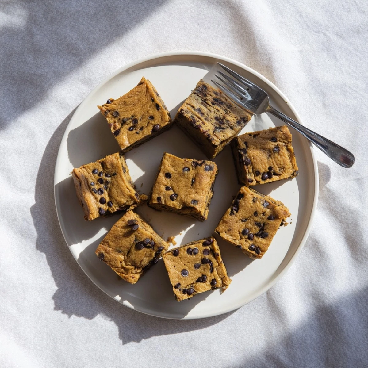 Golden flourless peanut butter banana bars studded with melted dark chocolate chips