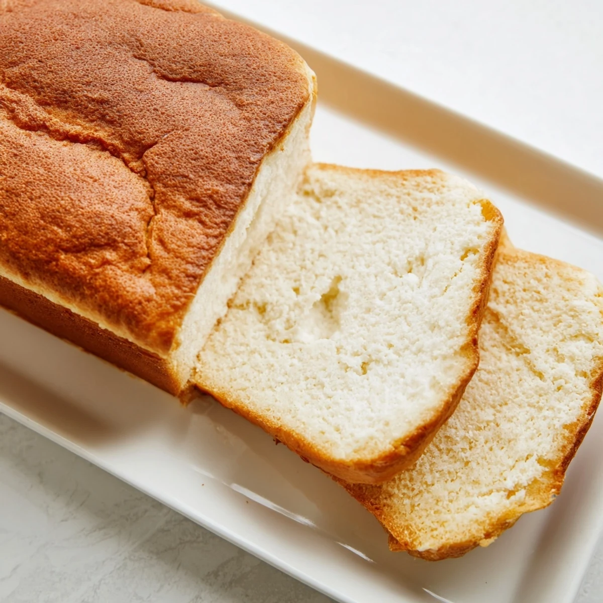 Freshly baked cottage cheese loaf bread sliced revealing the protein rich moist crumb inside