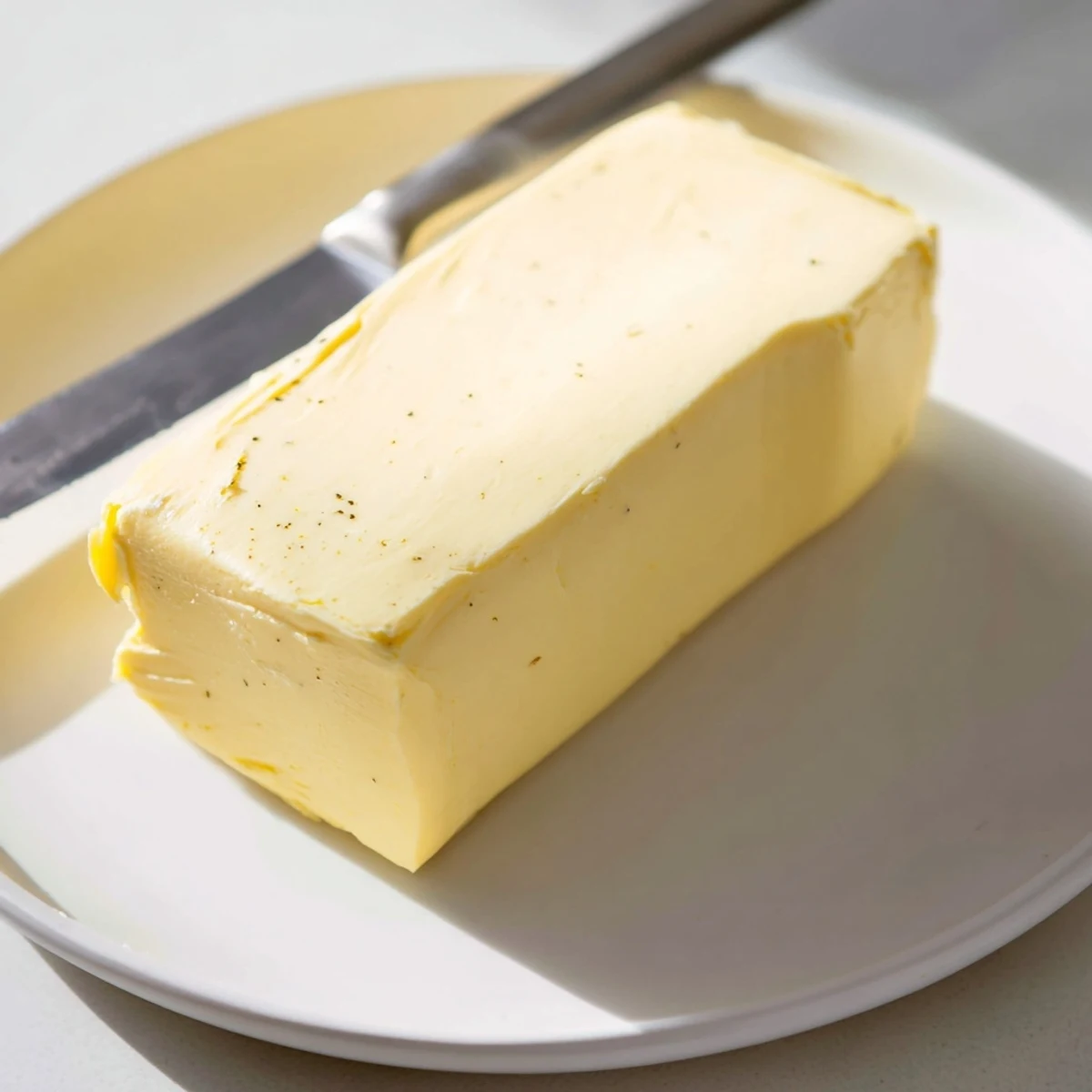 Pale yellow vegan dairy free butter melting over warm stack of fluffy pancakes