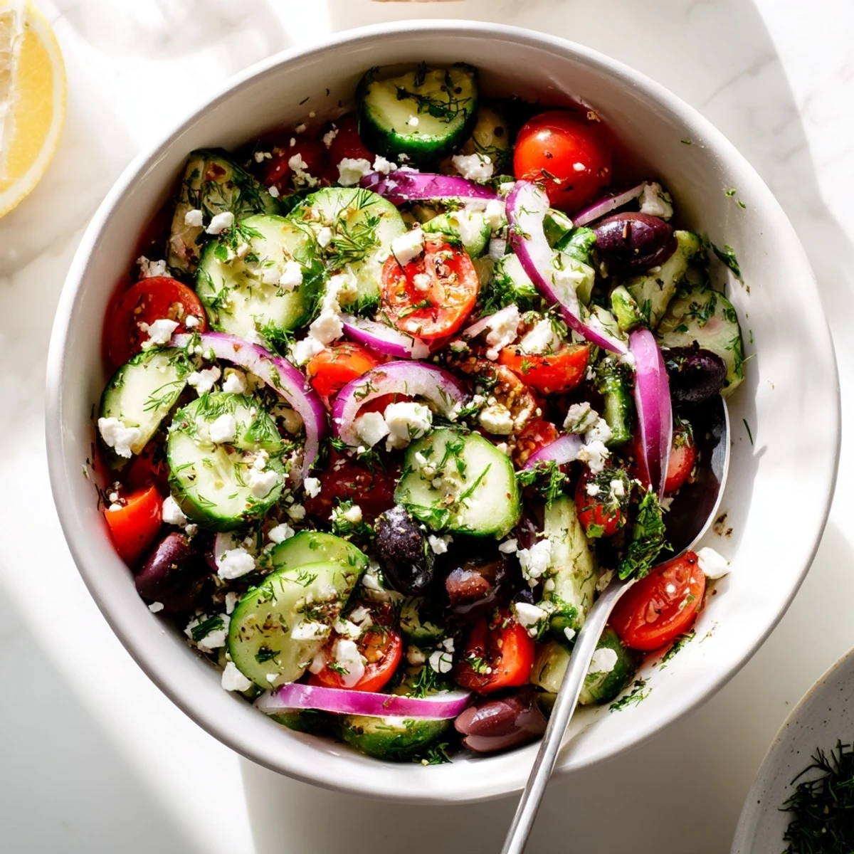 Fresh Mediterranean cucumber salad bowl with crisp vegetables, tangy feta cheese, and vibrant herbs.