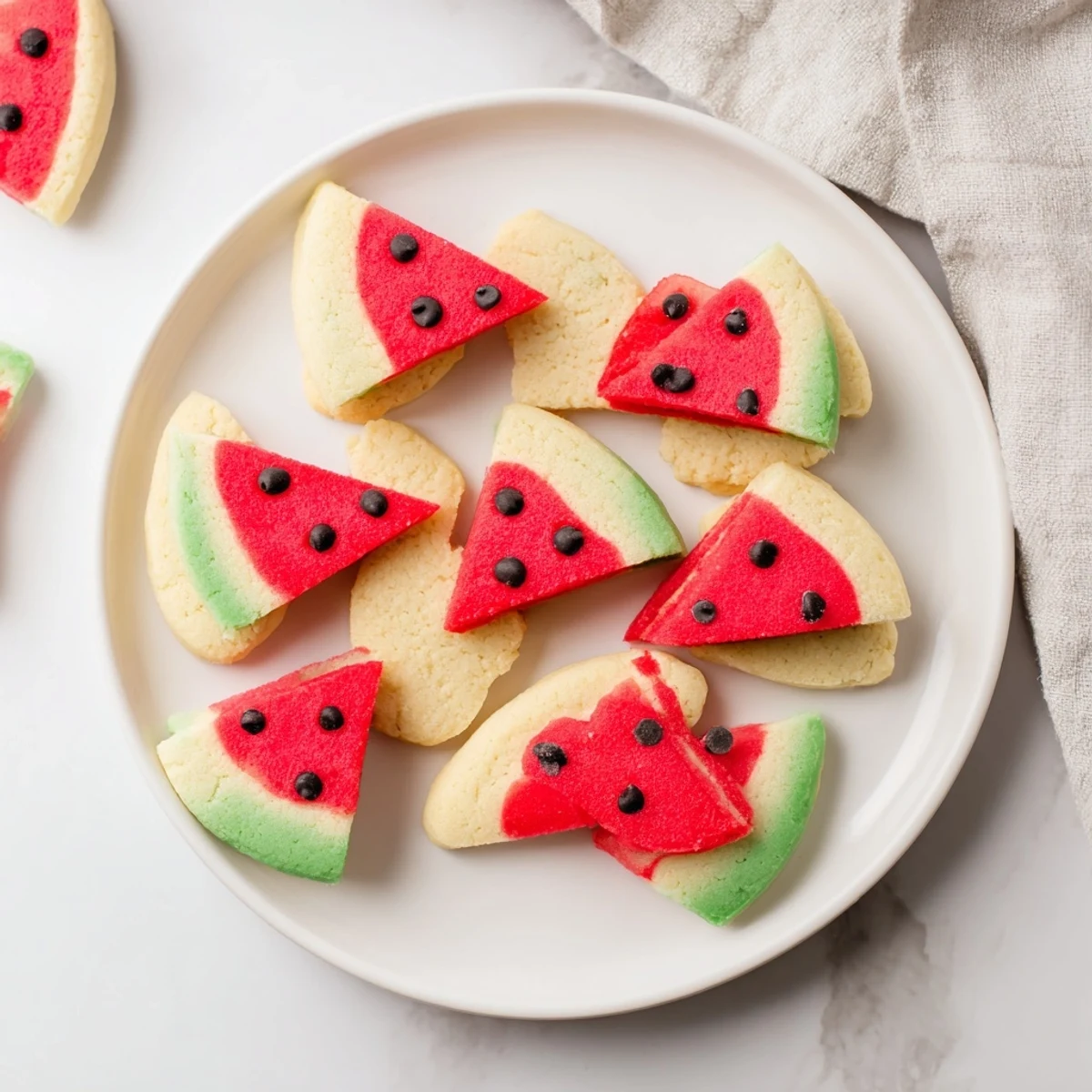 Freshly baked watermelon slice cookies arranged on a white platter with mini chocolate chip seeds