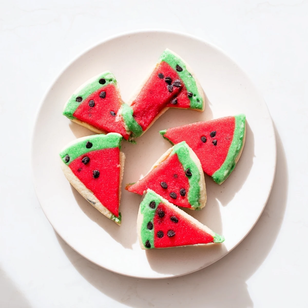 Close-up of vibrant watermelon slice cookies featuring red centers, green rinds, and dark chocolate seeds