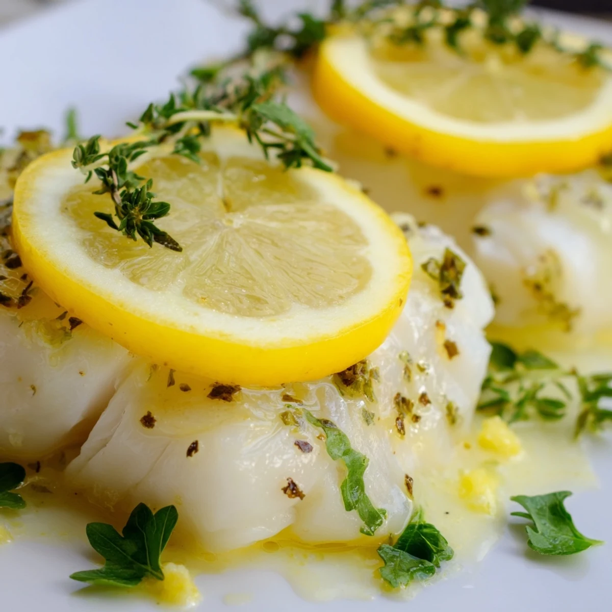 Golden baked cod fillets garnished with fresh lemon slices and green herbs on a white plate