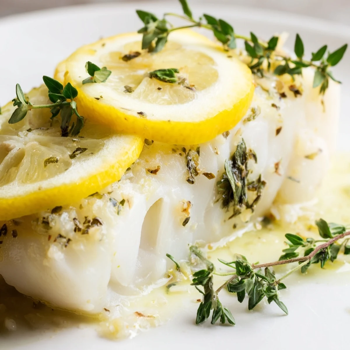 Oven baked cod featuring vibrant lemon wedges and thyme leaves arranged on a baking dish