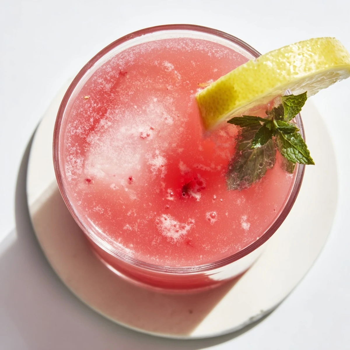 Glass pitcher filled with vibrant pink watermelon lemonade garnished with fresh lemon slices and mint sprigs on ice