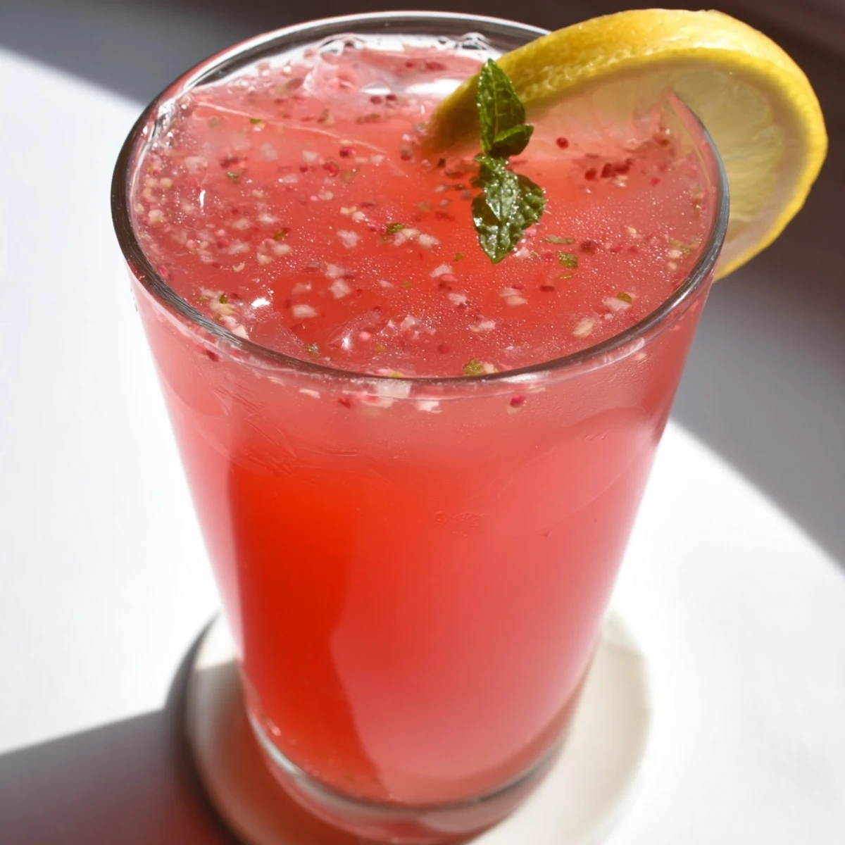 Refreshing watermelon lemonade in a mason jar with ice cubes, lemon wedge, and floating watermelon chunks