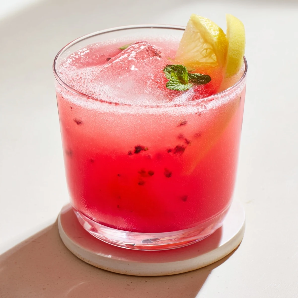 Tall glass of chilled pink watermelon lemonade with ice, fresh mint garnish, and sliced lemon on a wooden table