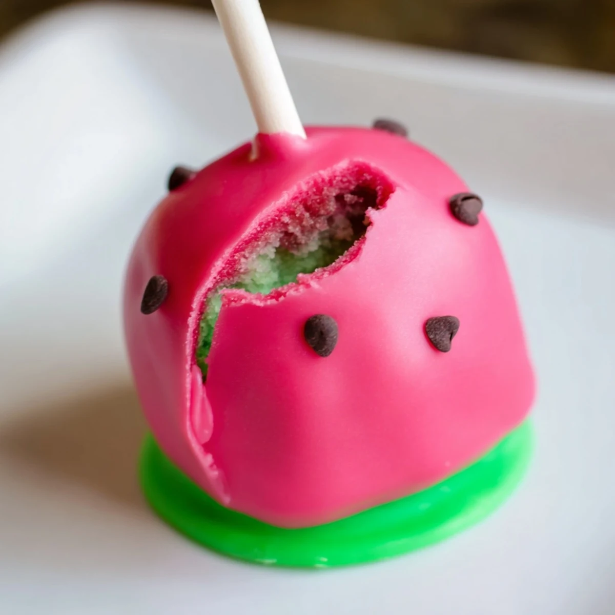 Colorful watermelon cake pops displayed on a white platter with pink coating, green rinds, and chocolate chip seeds