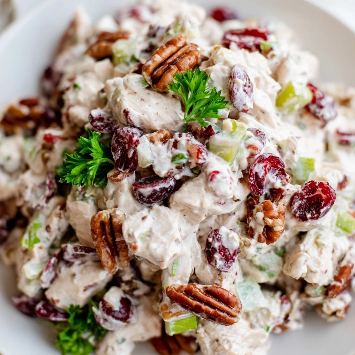 Creamy cranberry pecan chicken salad served on a bed of fresh mixed greens