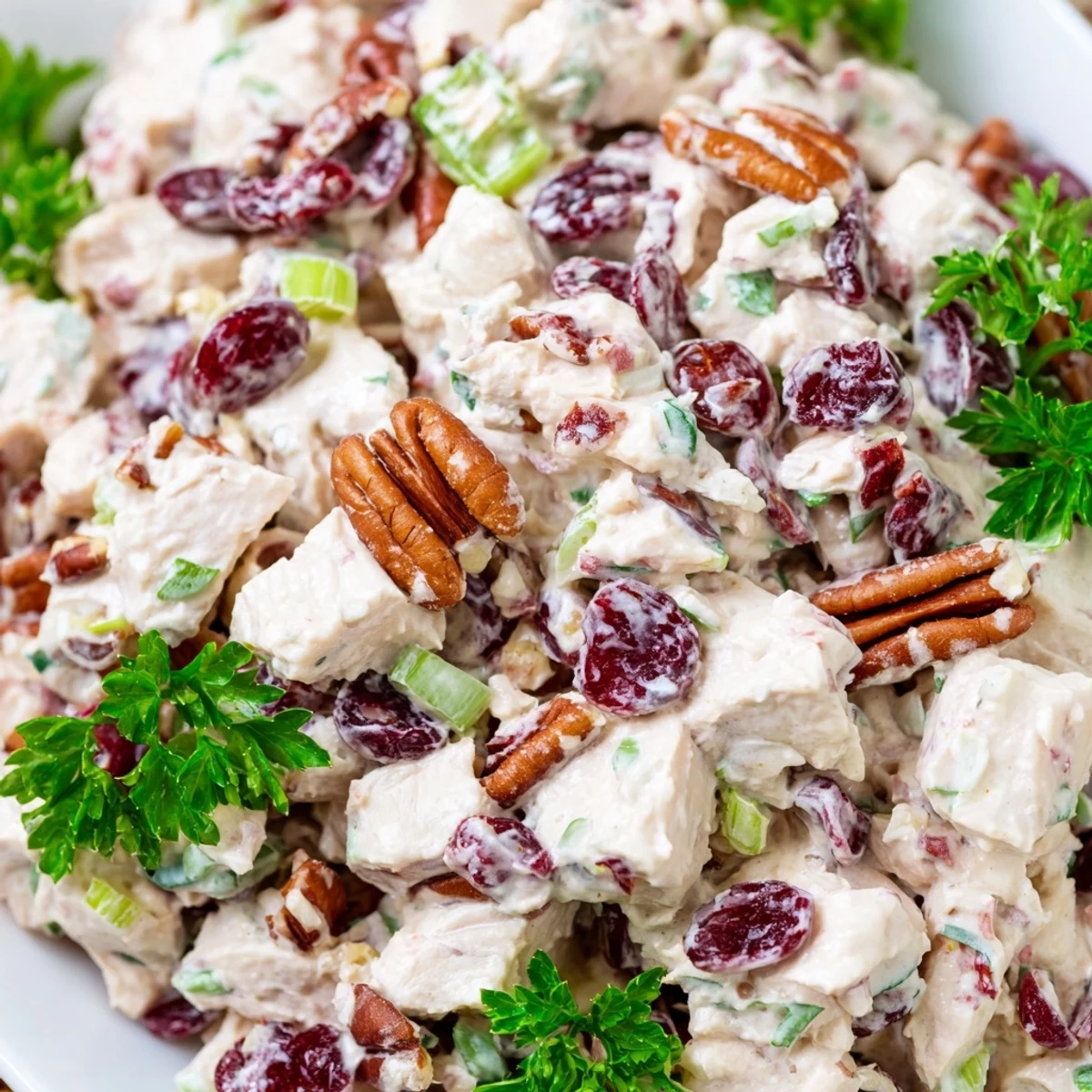 Toasted pecans and sweet cranberries mixed through tender chicken salad in white bowl