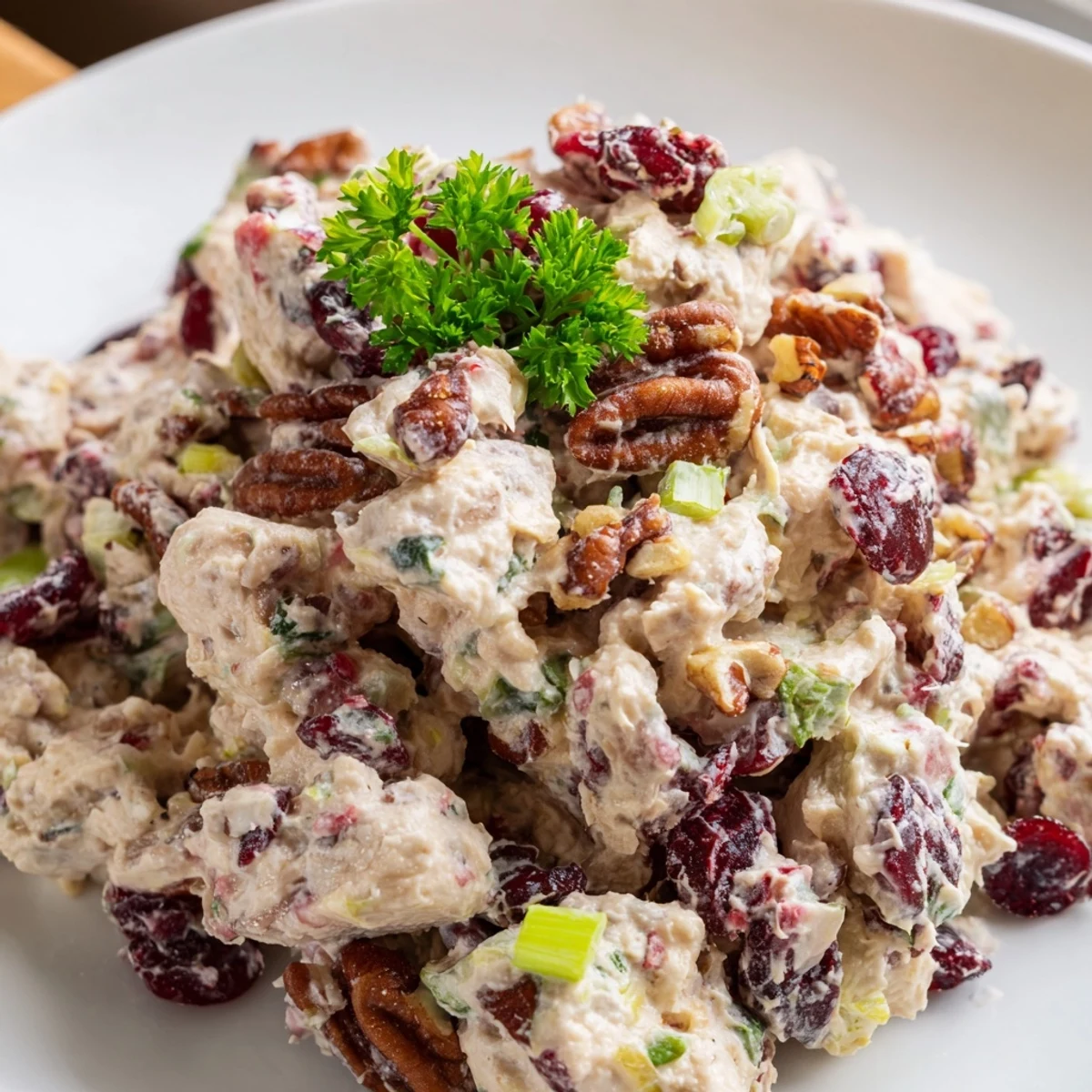 Close-up of cranberry pecan chicken salad featuring red cranberries and chopped pecans