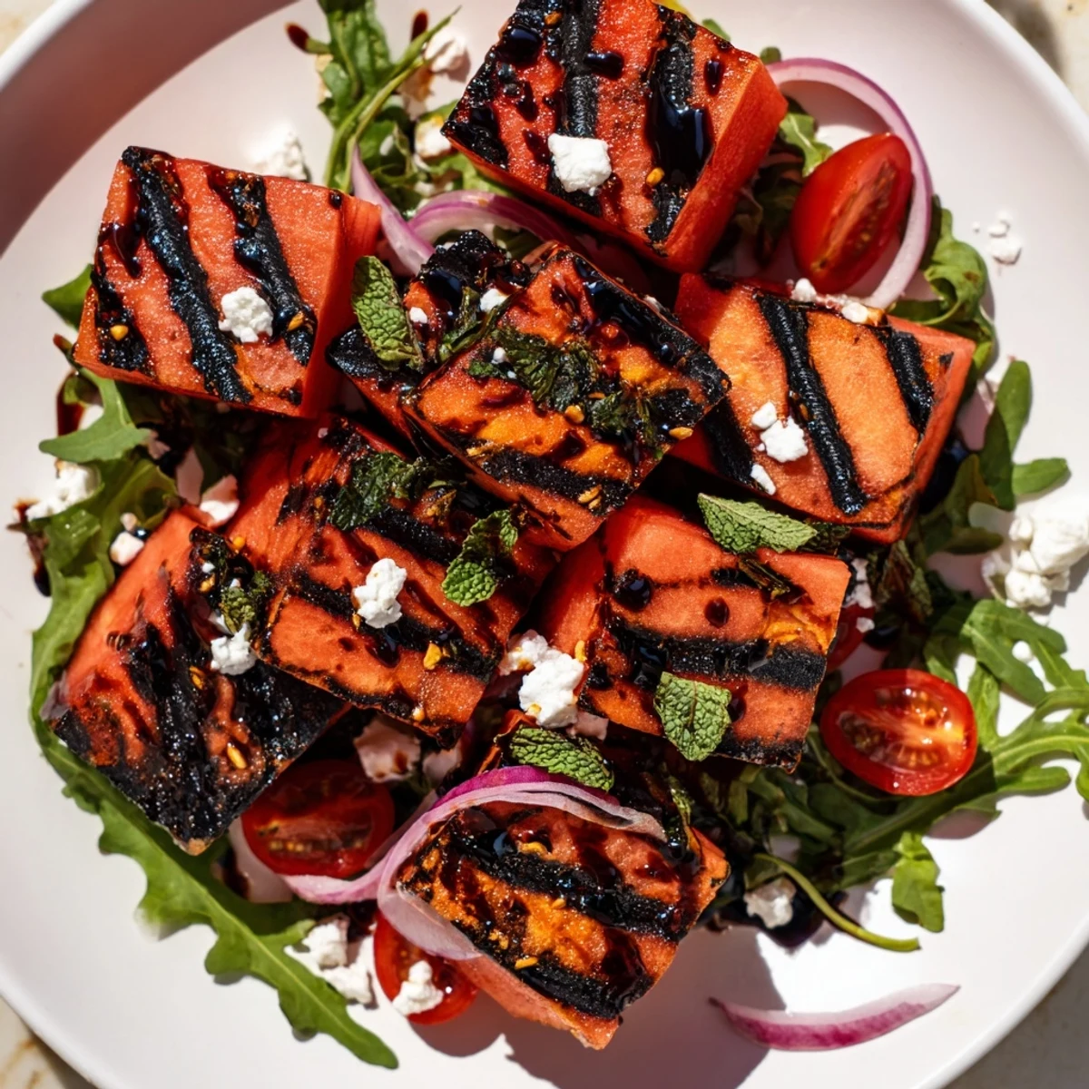 Grilled watermelon salad with balsamic dressing featuring smoky charred fruit, creamy feta, and fresh mint
