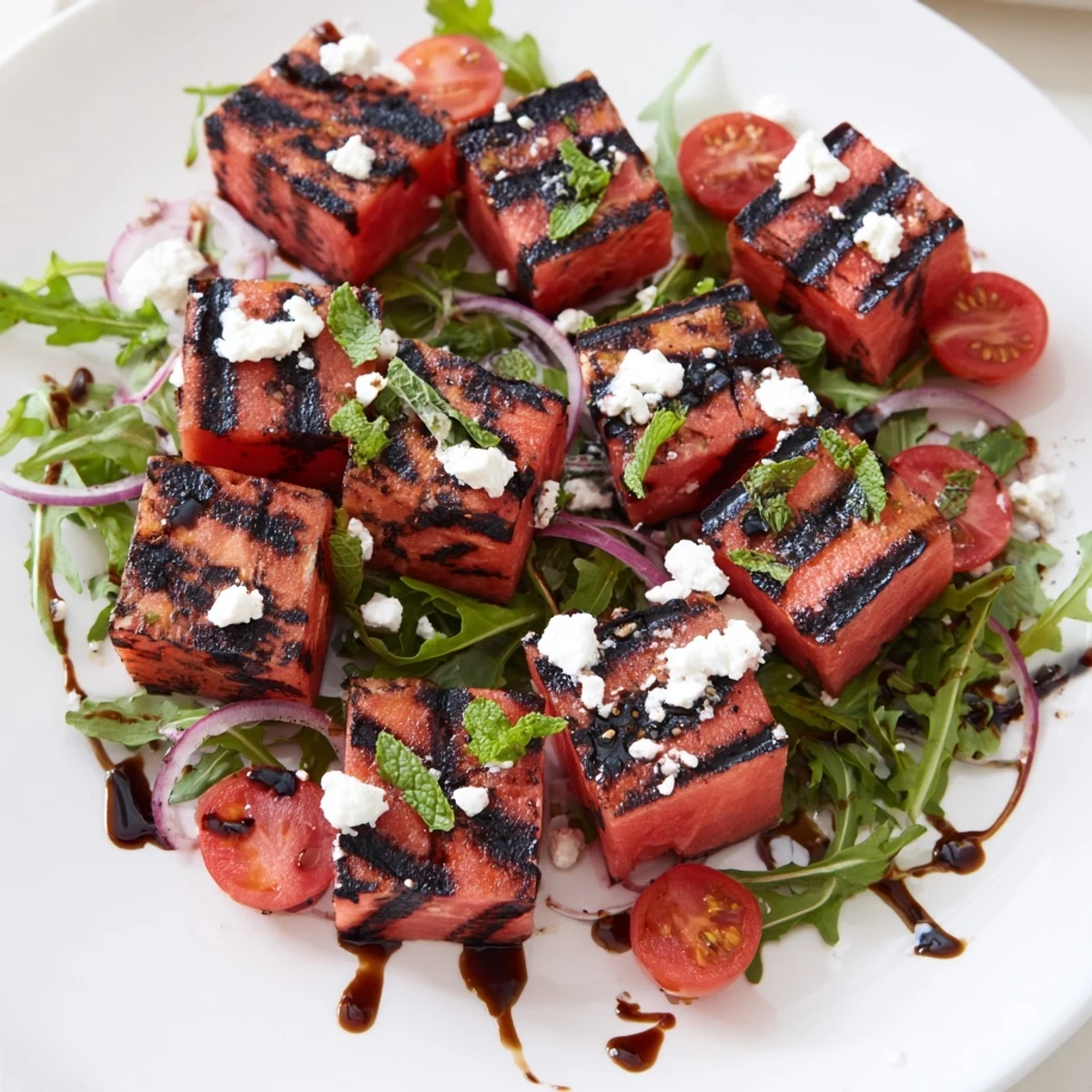 Summer grilled watermelon salad with char marks, cherry tomatoes, red onion, and mint dressing