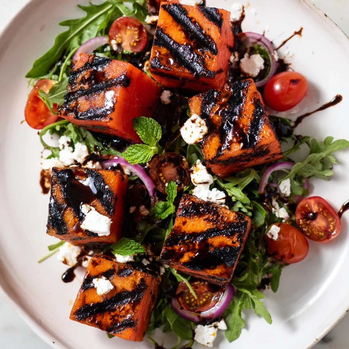Vibrant grilled watermelon salad topped with crumbled feta, arugula, and tangy balsamic glaze