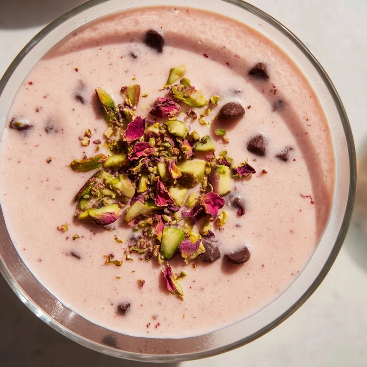 Sicilian watermelon pudding garnished with chopped pistachios and dark chocolate chips in clear serving glasses