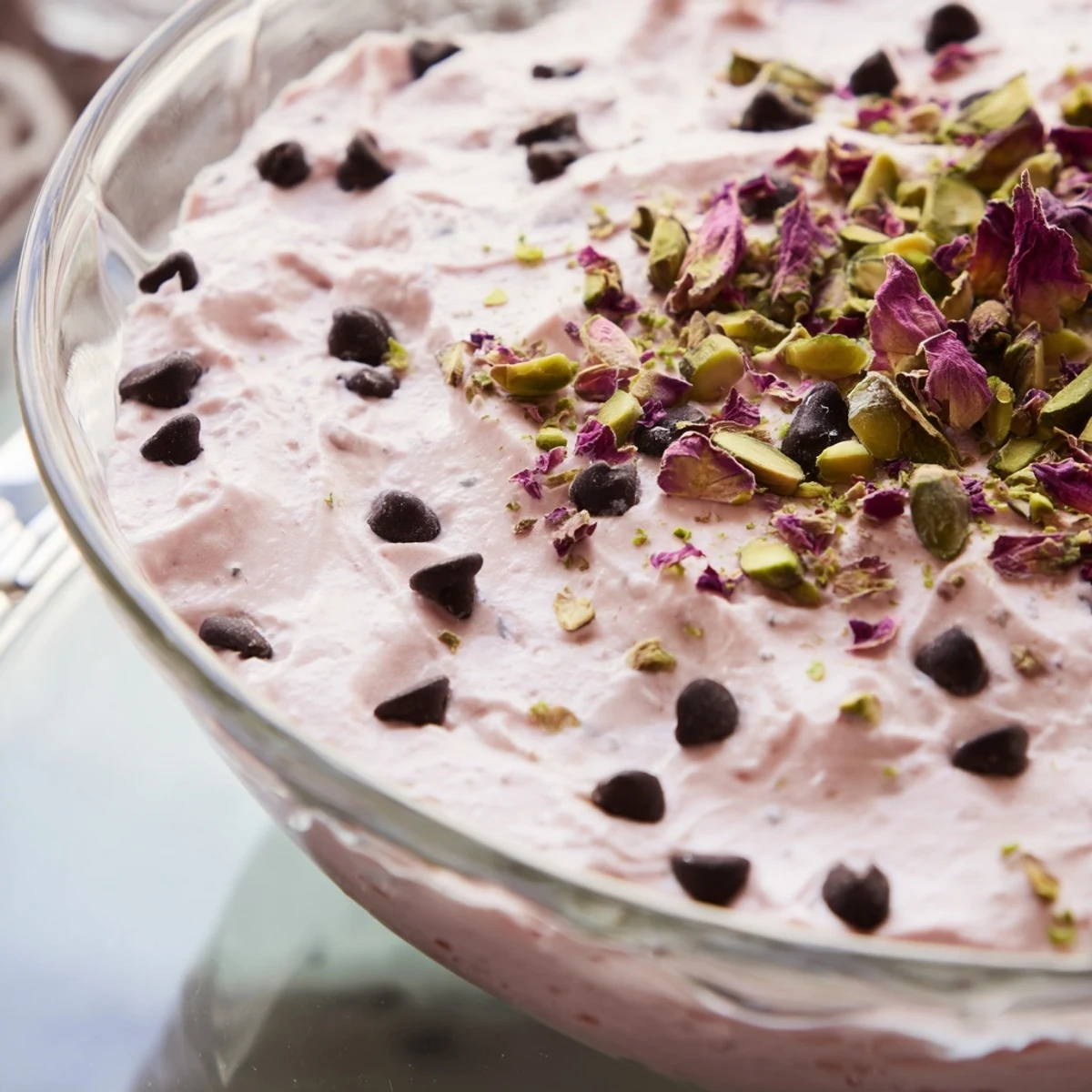 Traditional Gelo di Melone topped with pistachios and rose petals served chilled on a white plate