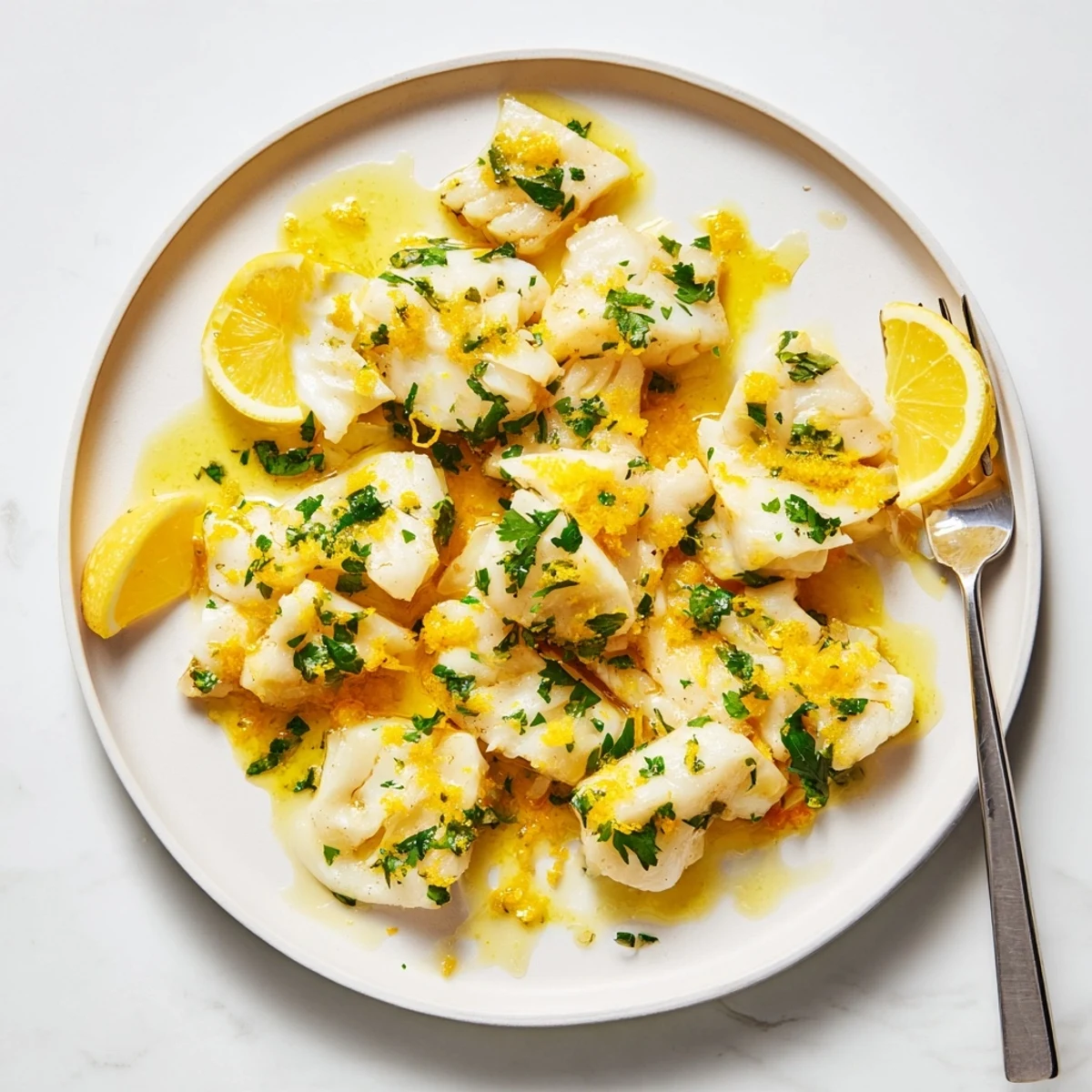 Golden pan-seared cod fillets swimming in creamy lemon garlic butter sauce with fresh parsley garnish