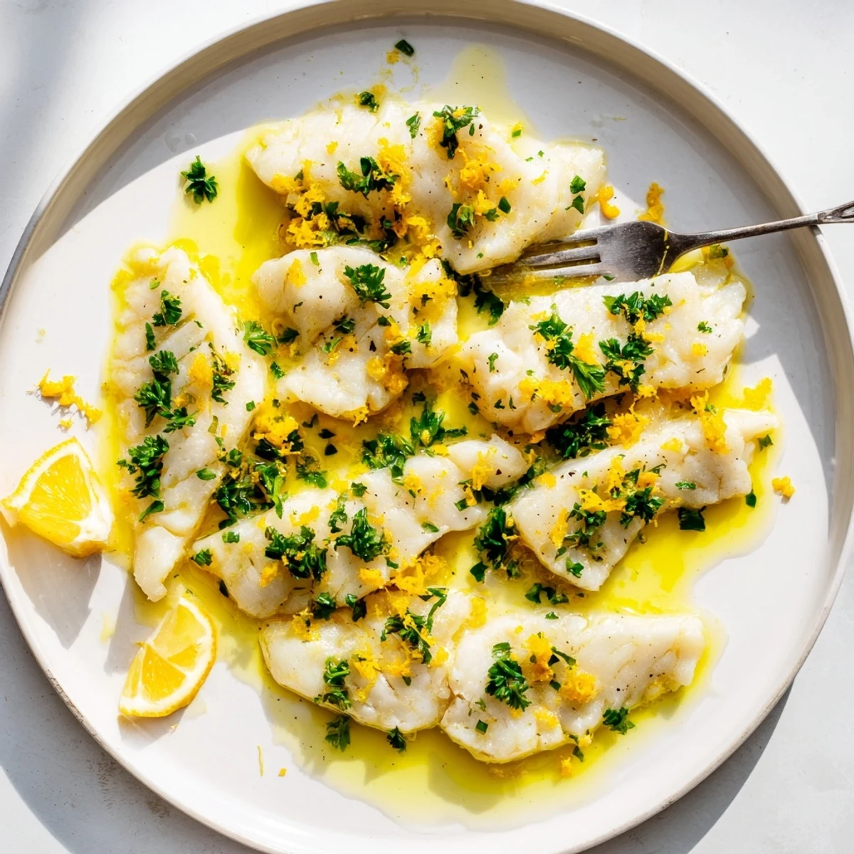 Tender lemon garlic butter cod served hot with melted sauce and bright fresh parsley sprinkles