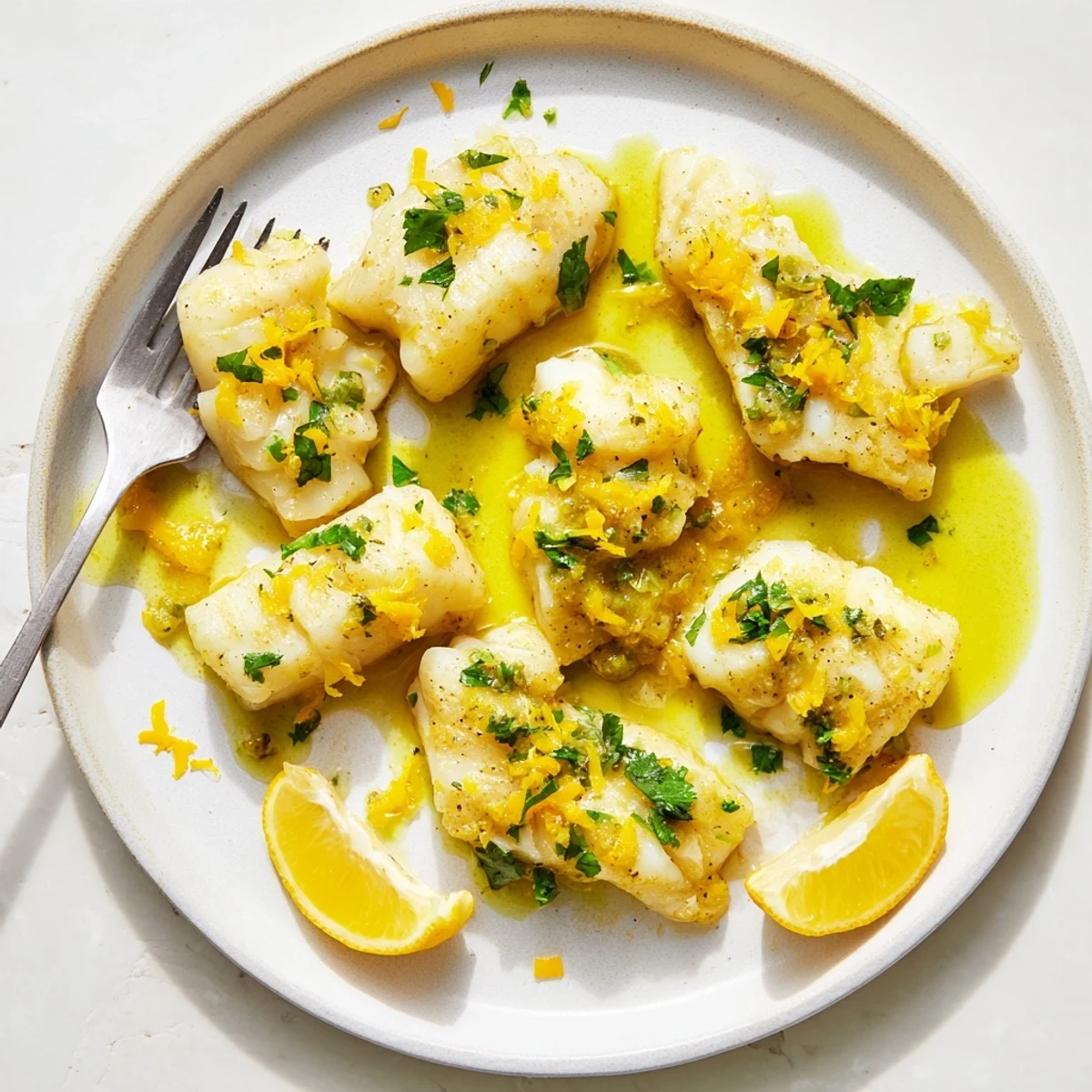 Flaky white cod pieces topped with zesty lemon garlic butter and chopped green parsley on white plate