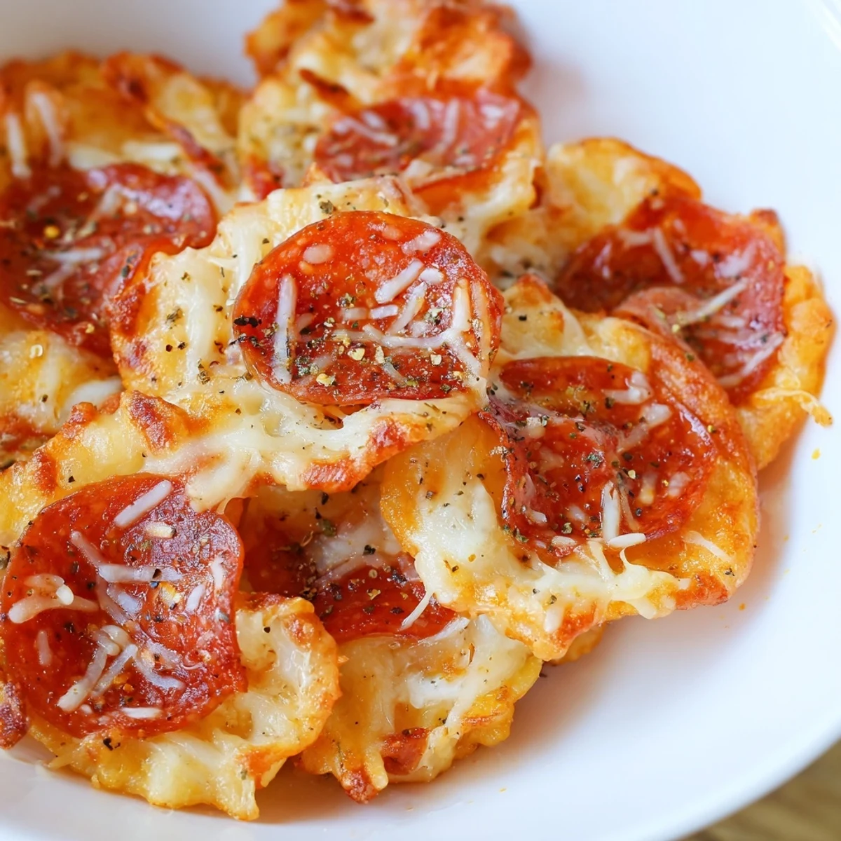 Low-carb pepperoni cheese chips arranged on a parchment-lined baking sheet with optional Italian herbs and red pepper flakes