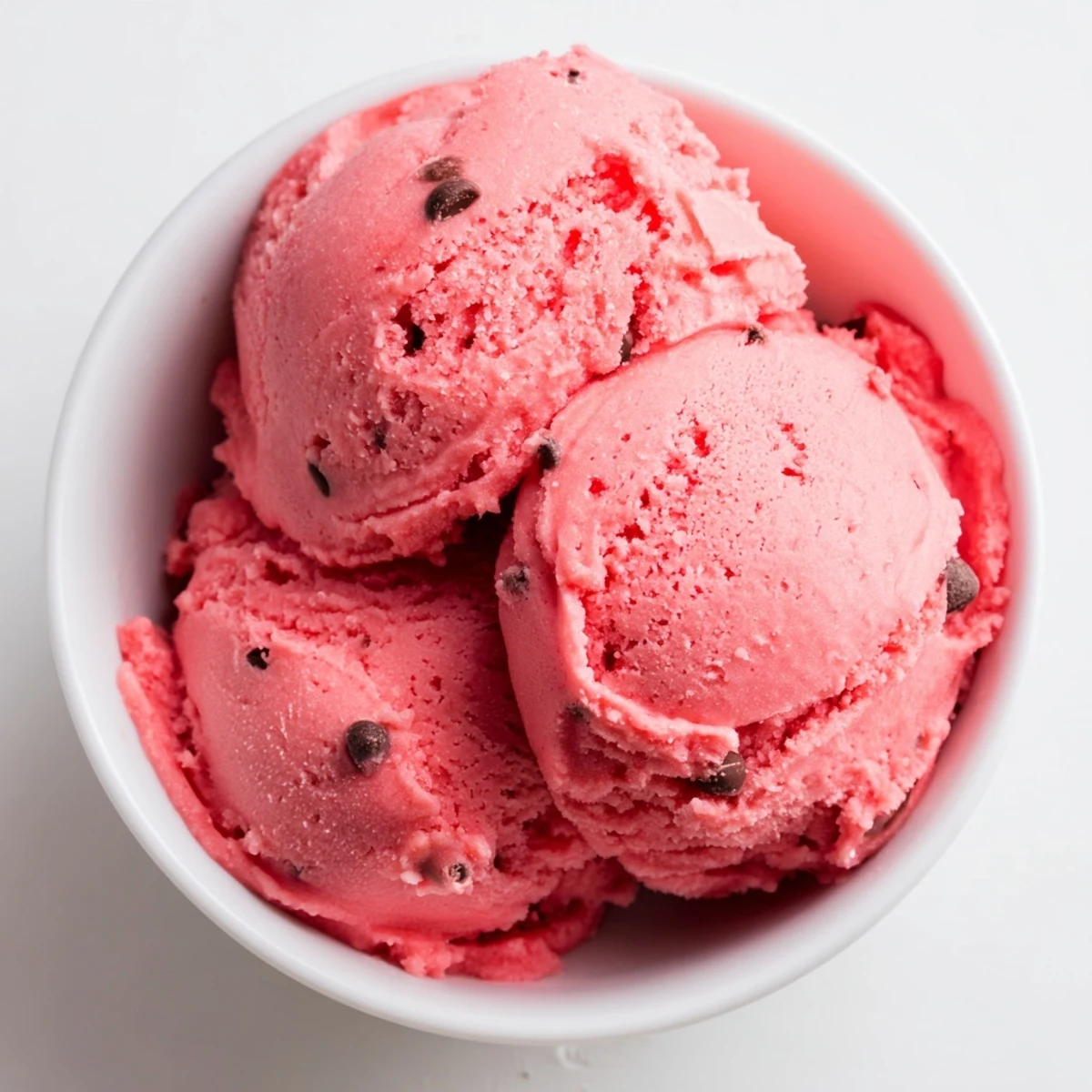 Pink homemade watermelon ice cream swirling in a chilled glass serving dish
