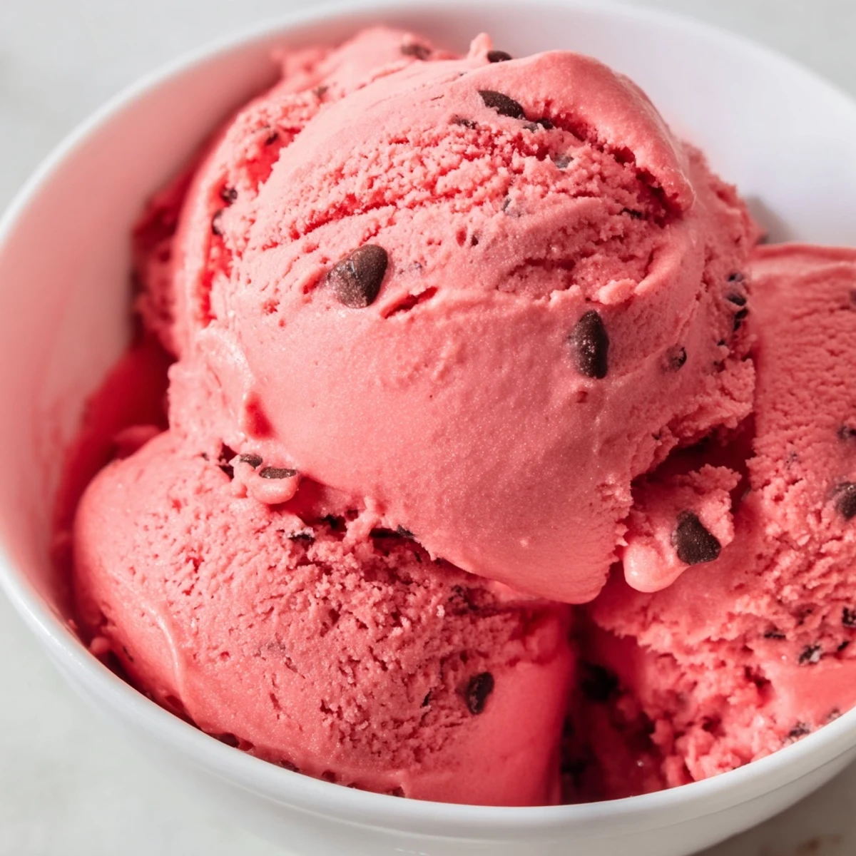 Vibrant watermelon ice cream garnished with chocolate chips mimicking real watermelon seeds