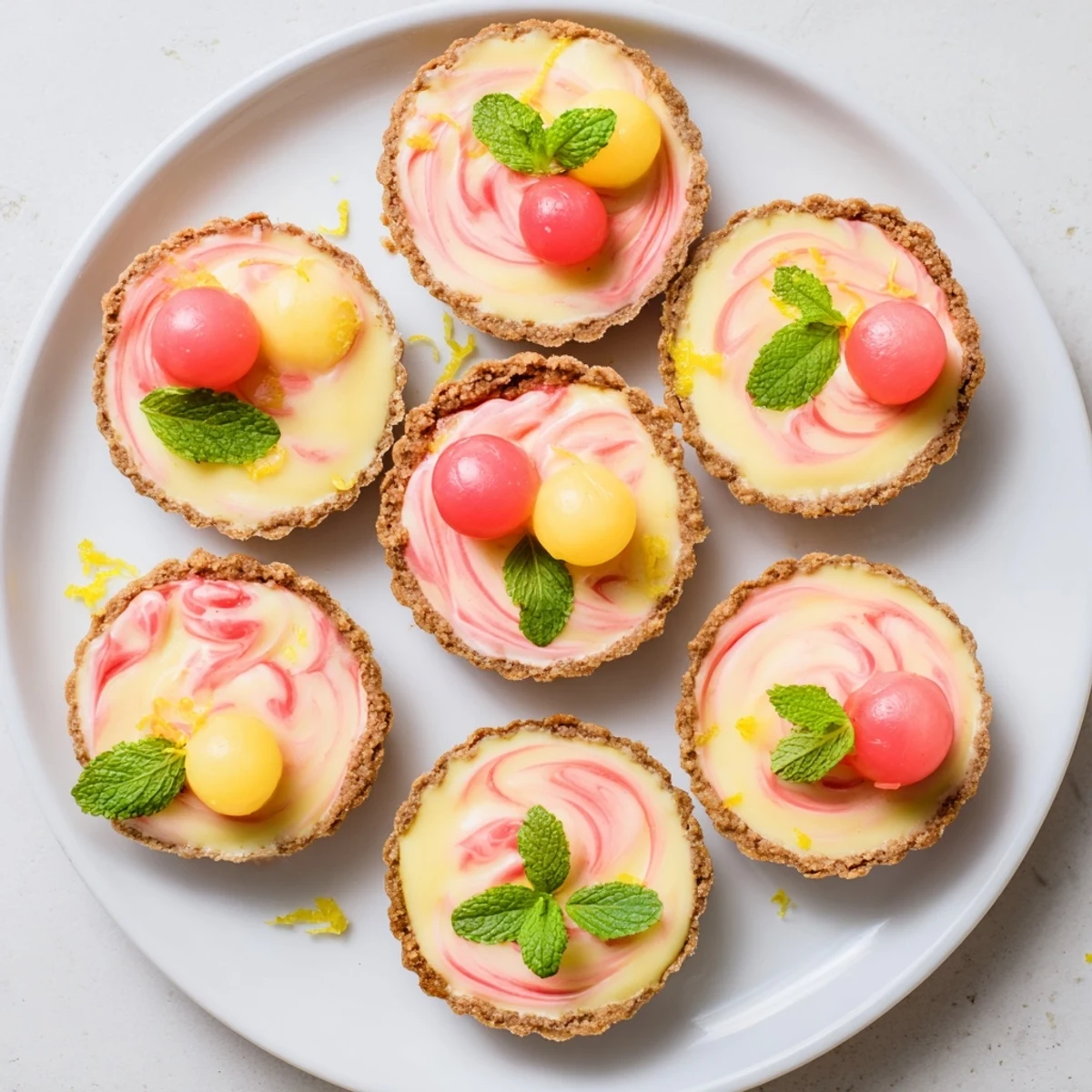 Frozen Watermelon Lemon Cream Tarts with pink swirled filling and fresh mint garnish on white plate