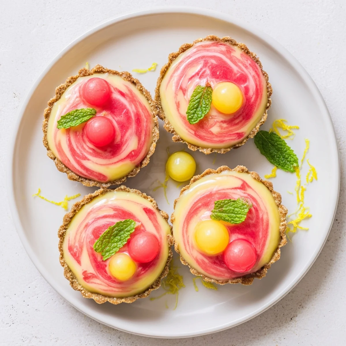 Crisp graham cracker tart shells filled with layered lemon cream and vibrant watermelon purée