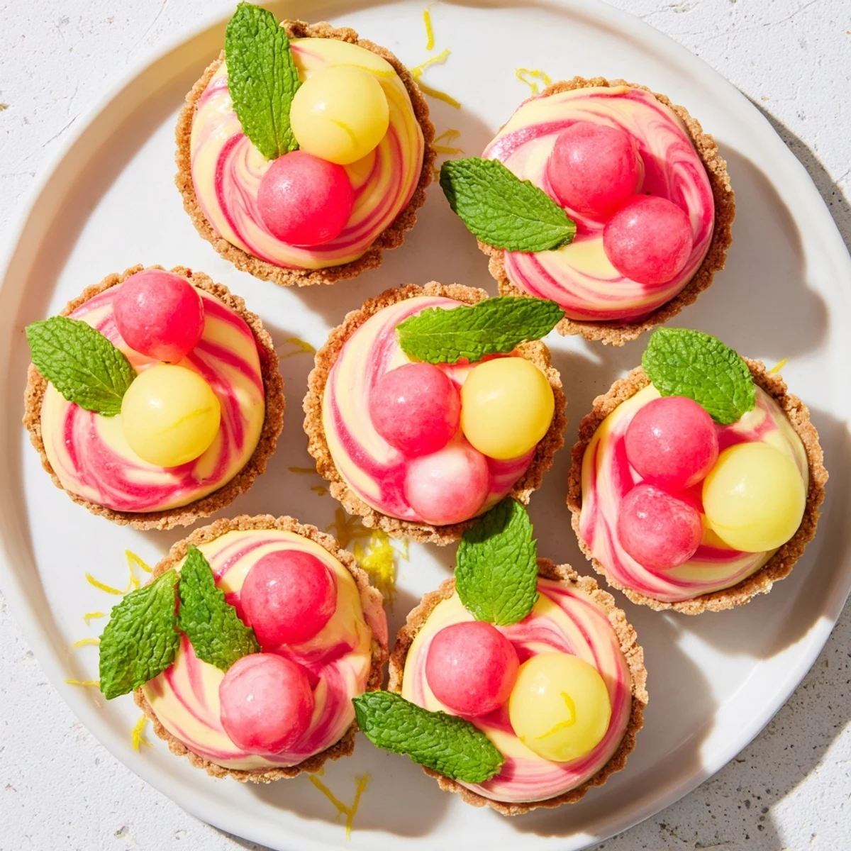 Summer dessert featuring frozen watermelon lemon cream tarts topped with watermelon balls and zest