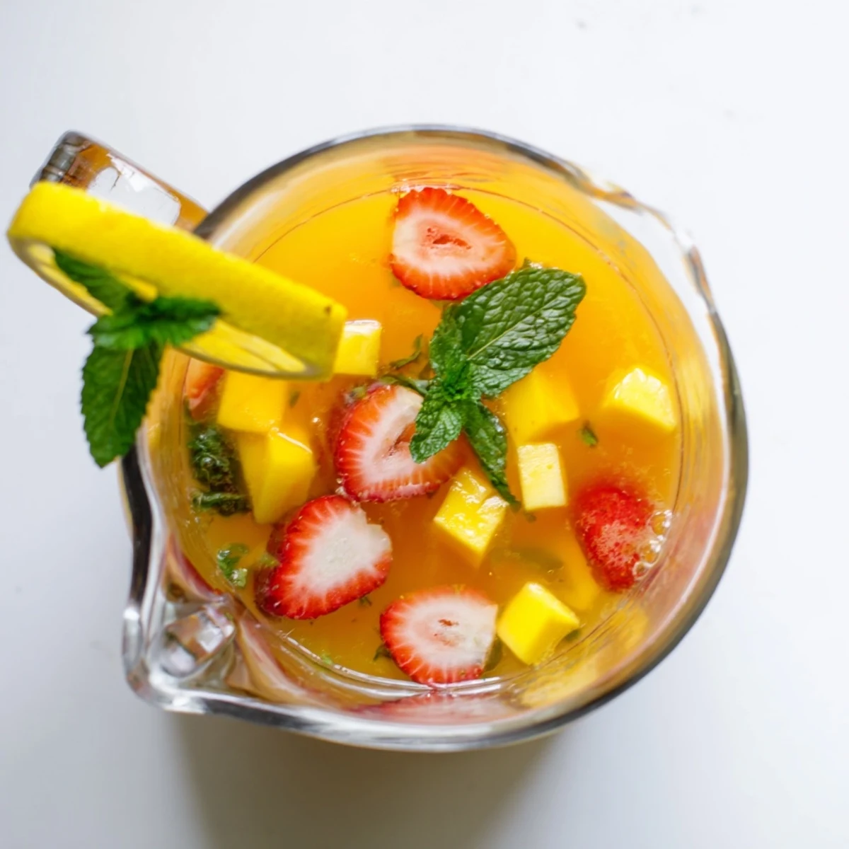 Garnished mango strawberry lemonade in a glass pitcher with fresh mint sprigs on ice