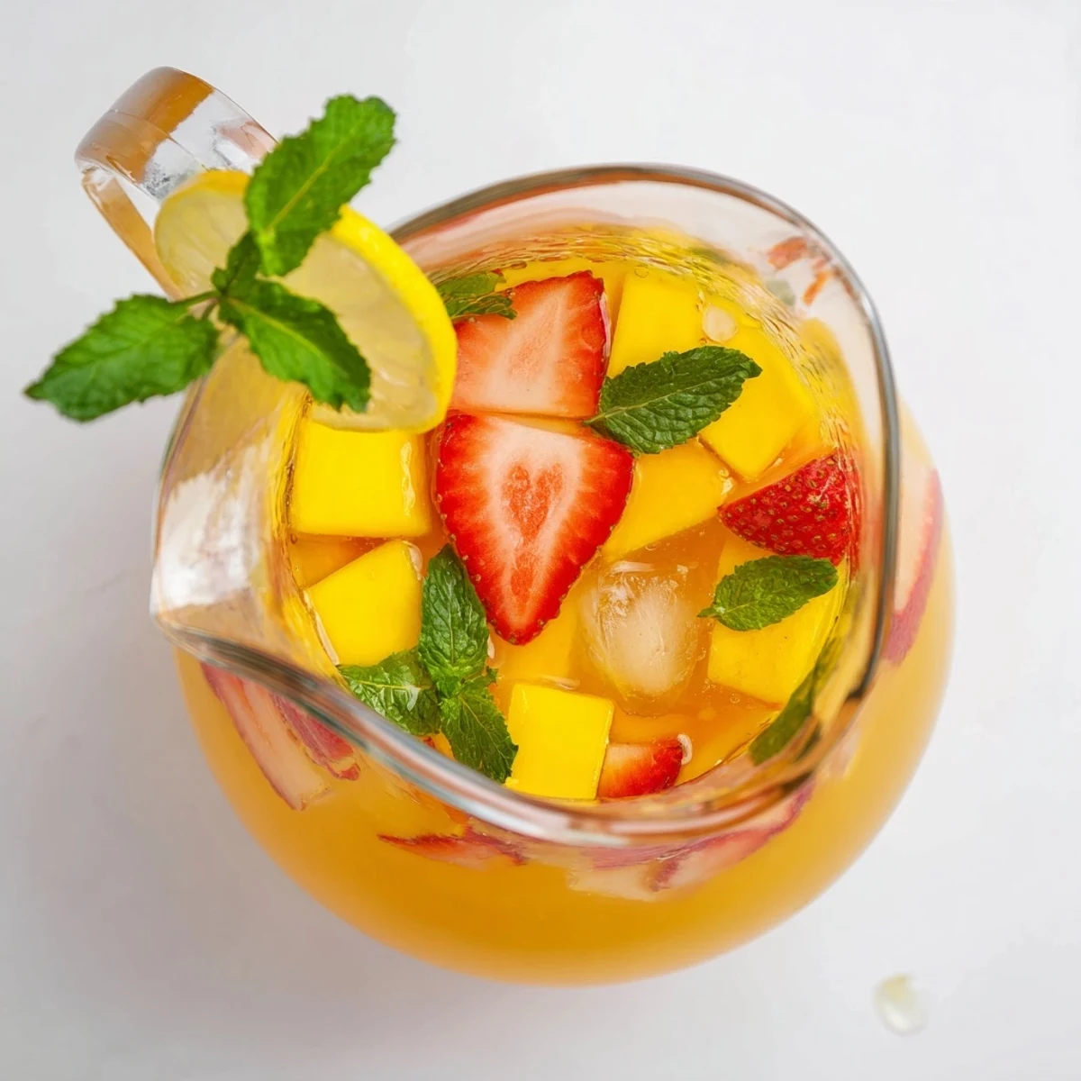 Golden mango strawberry lemonade refreshing summer drink served with colorful fruit slice garnishes