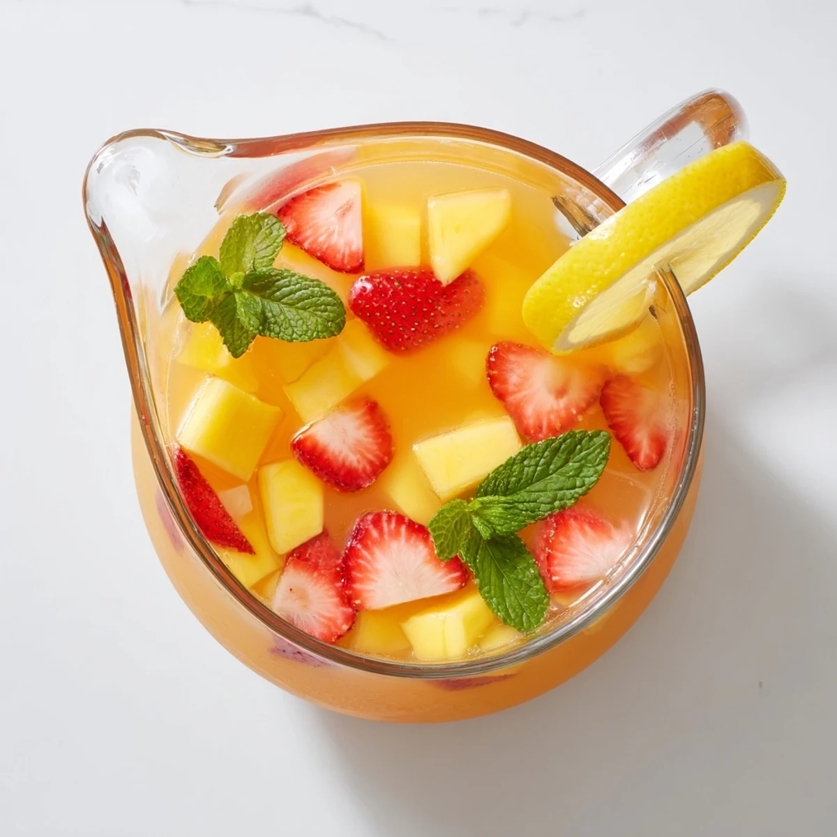 Vibrant mango strawberry lemonade poured over ice cubes with fresh strawberry and lemon wheels