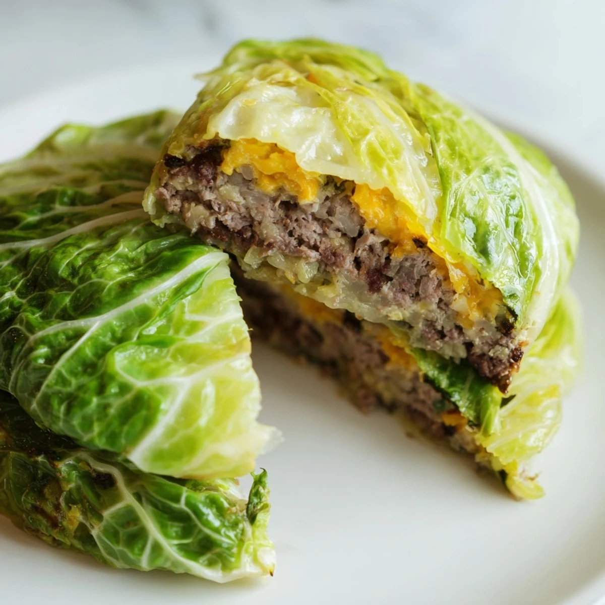 Golden brown oven baked cabbage burger wrapped in tender green leaves on a white plate