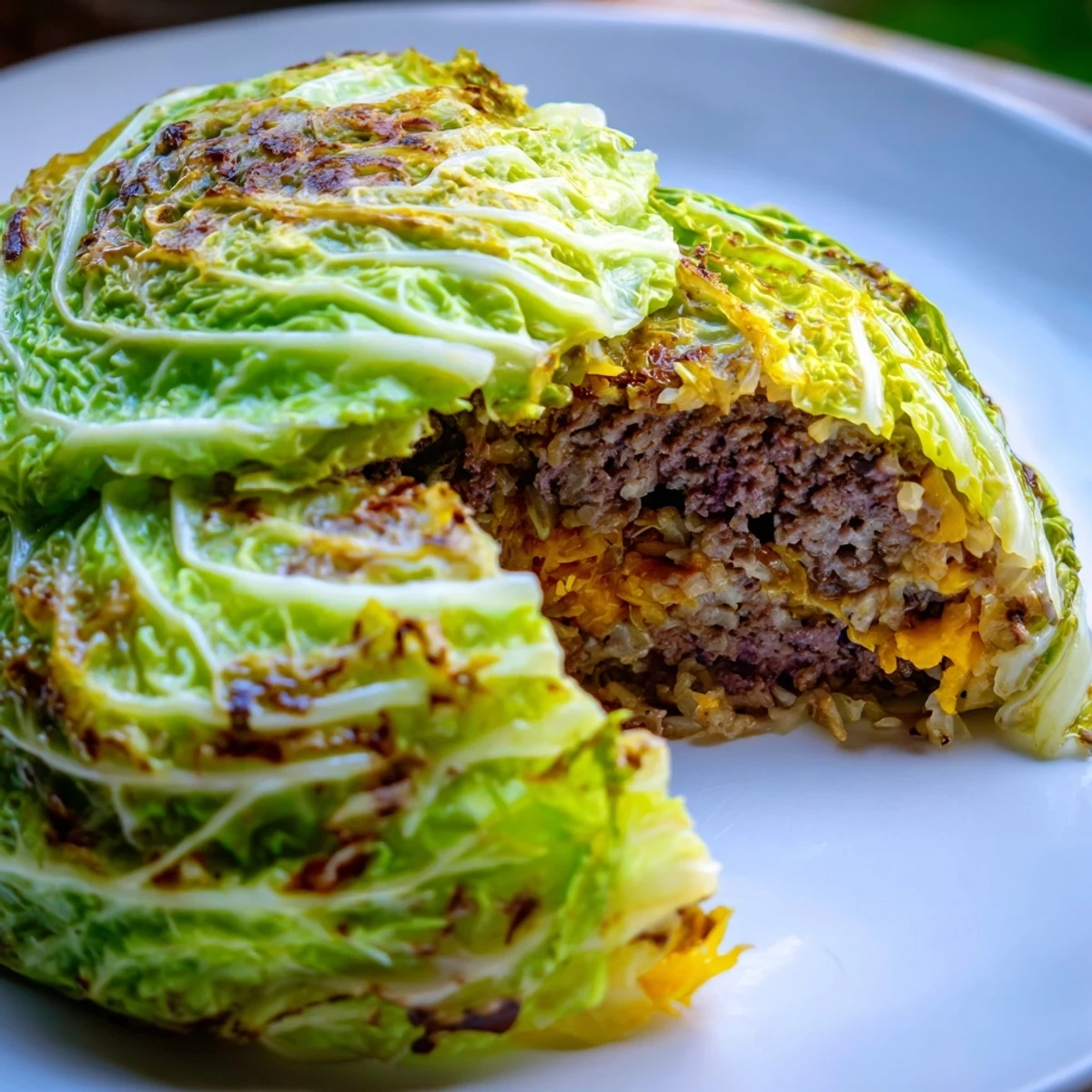 Juicy ground beef oven baked cabbage burger with melted cheddar served on rustic wooden board