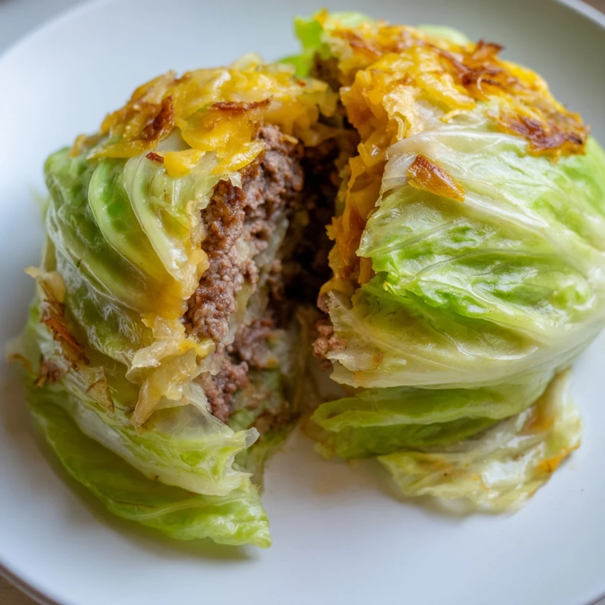Oven baked cabbage burger nestled in blanched cabbage leaves with golden edges and glossy finish