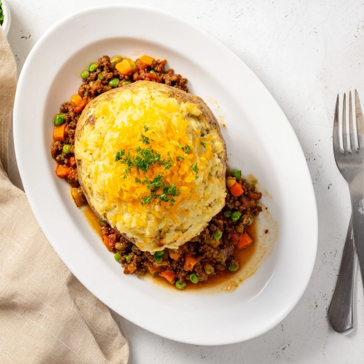 Golden shepherds pie baked potato topped with fluffy mashed potato crust and fresh parsley garnish