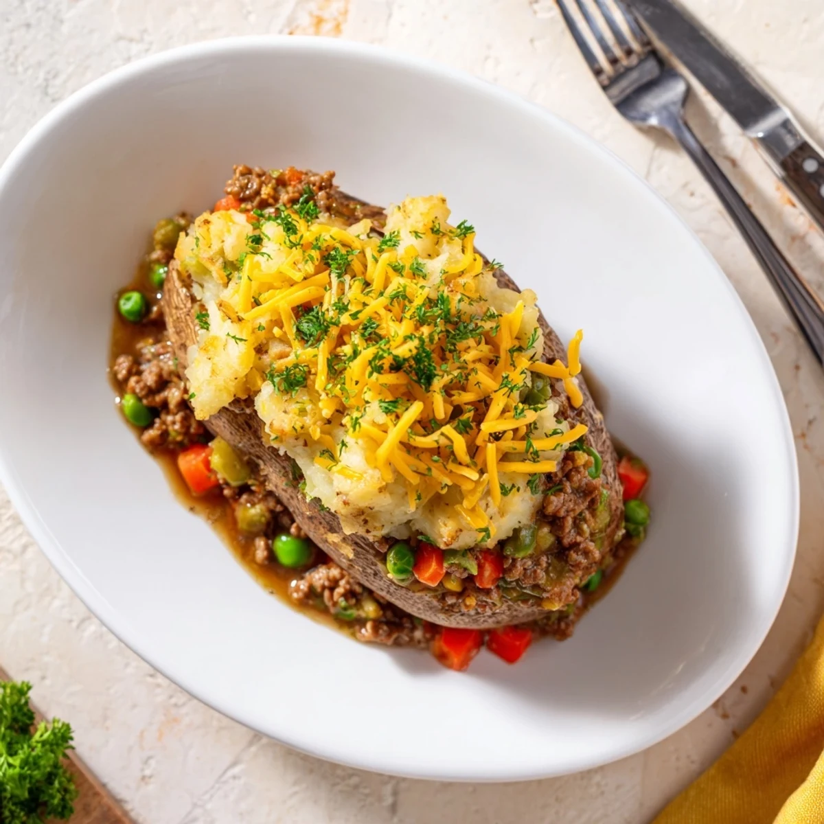 Hearty shepherds pie baked potato filled with savory lamb and vegetable mixture under golden mashed topping
