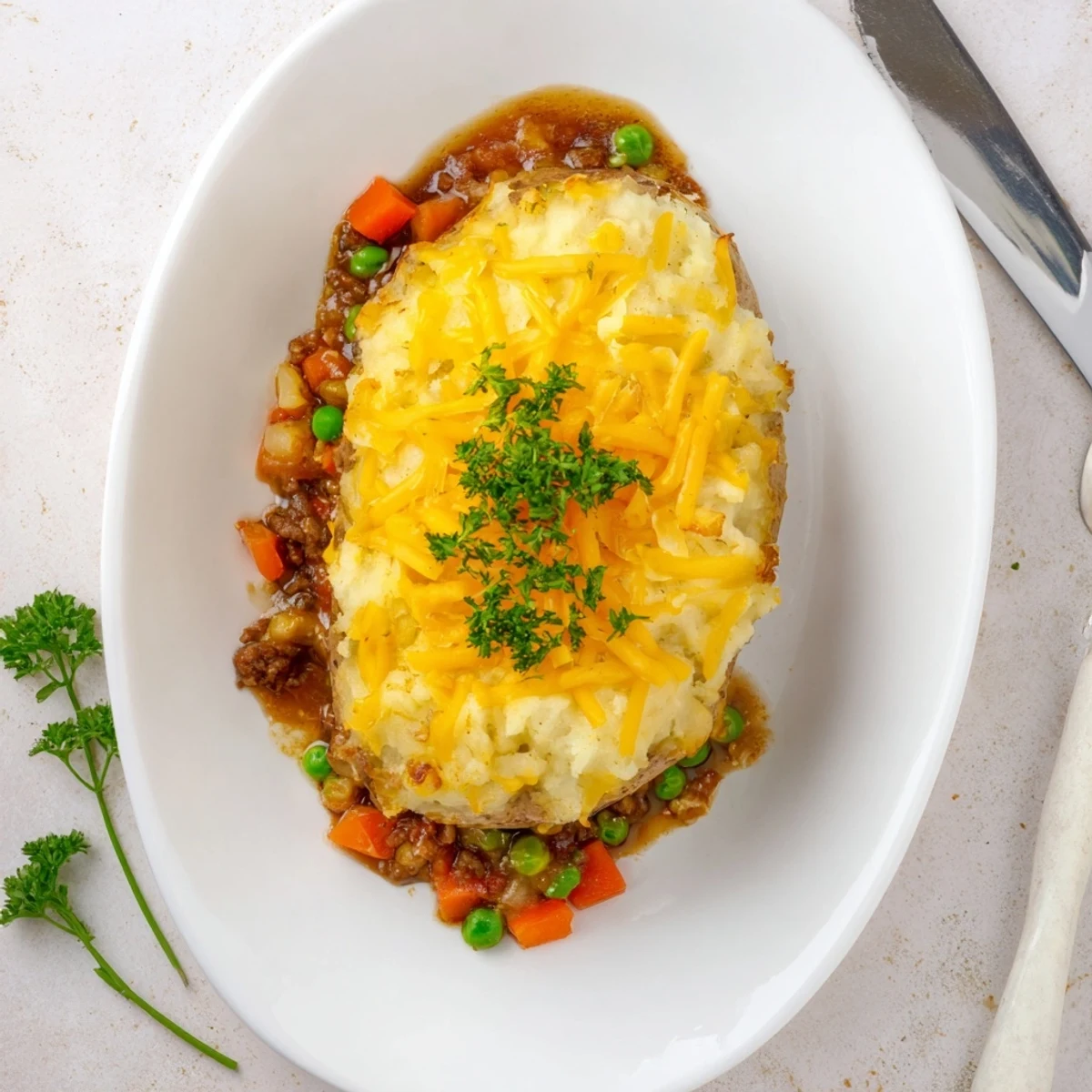 Comforting shepherds pie baked potato with rich meat filling and buttery mashed potato topping, sprinkled with parsley