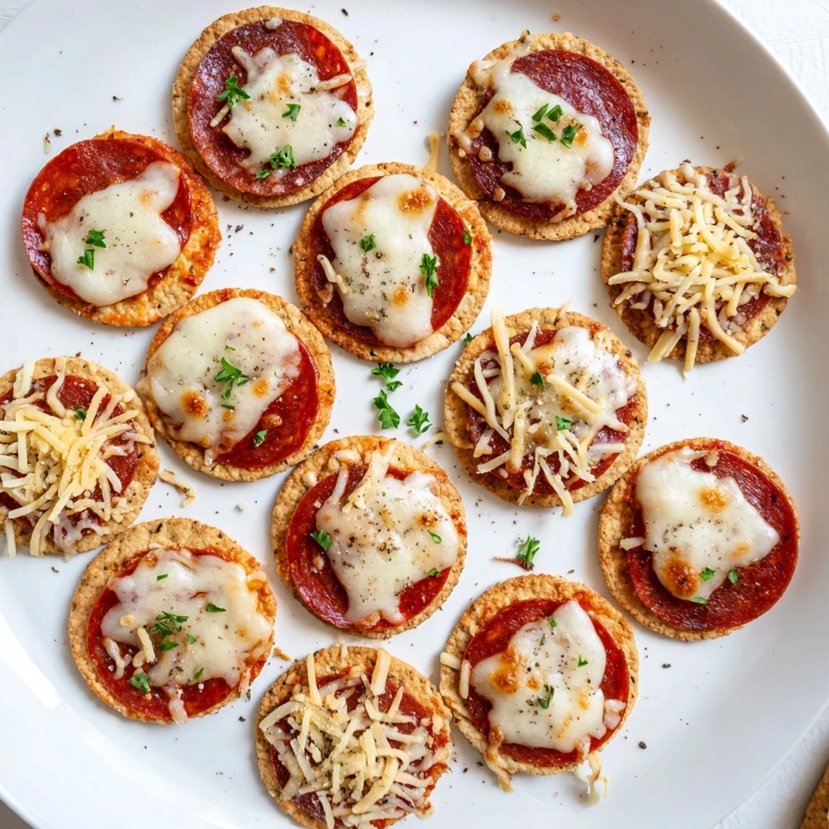 Crispy appetizer crackers loaded with zesty beef pepperoni and bubbling cheese topping