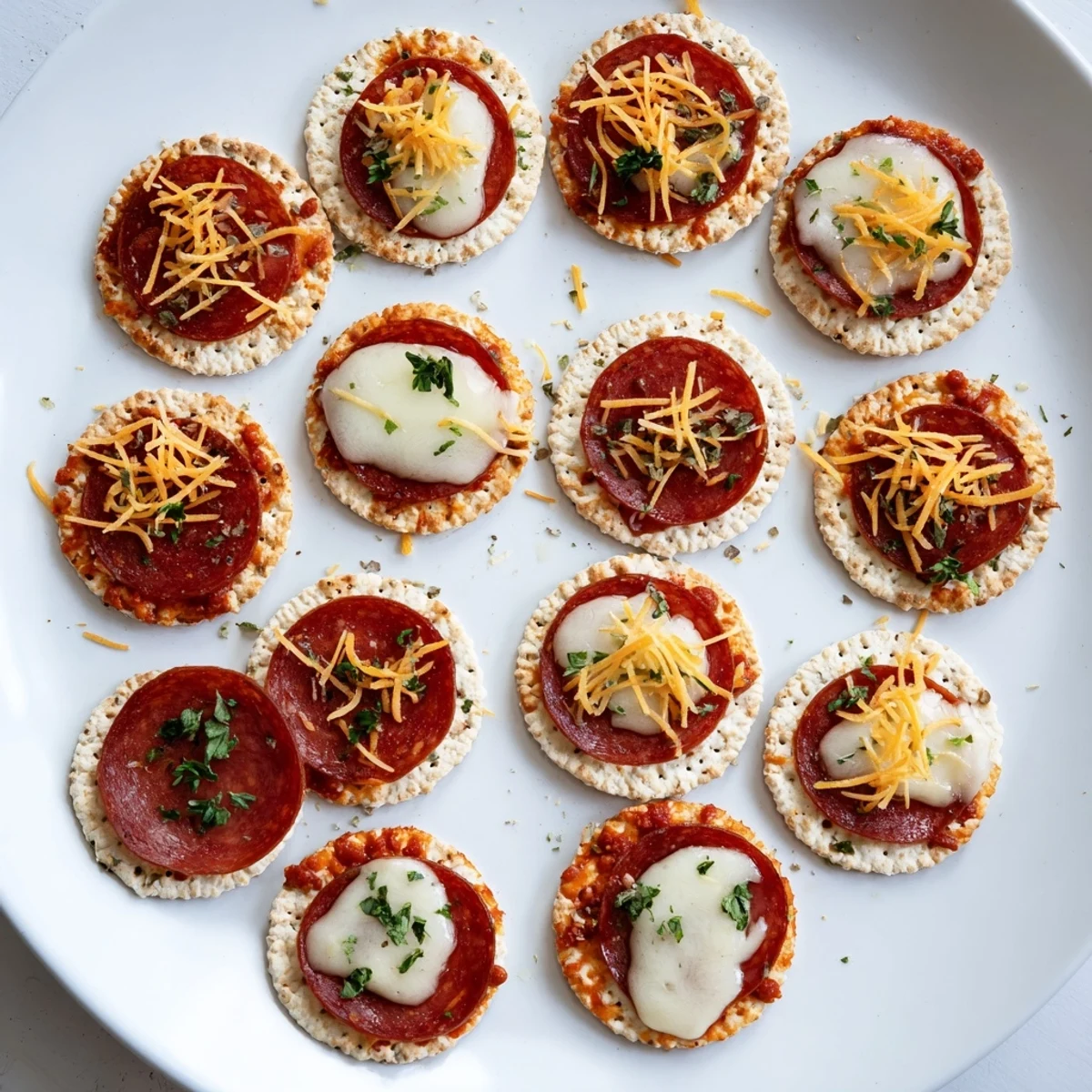 Golden baked beef pepperoni pizza crackers topped with melted mozzarella and fresh herbs