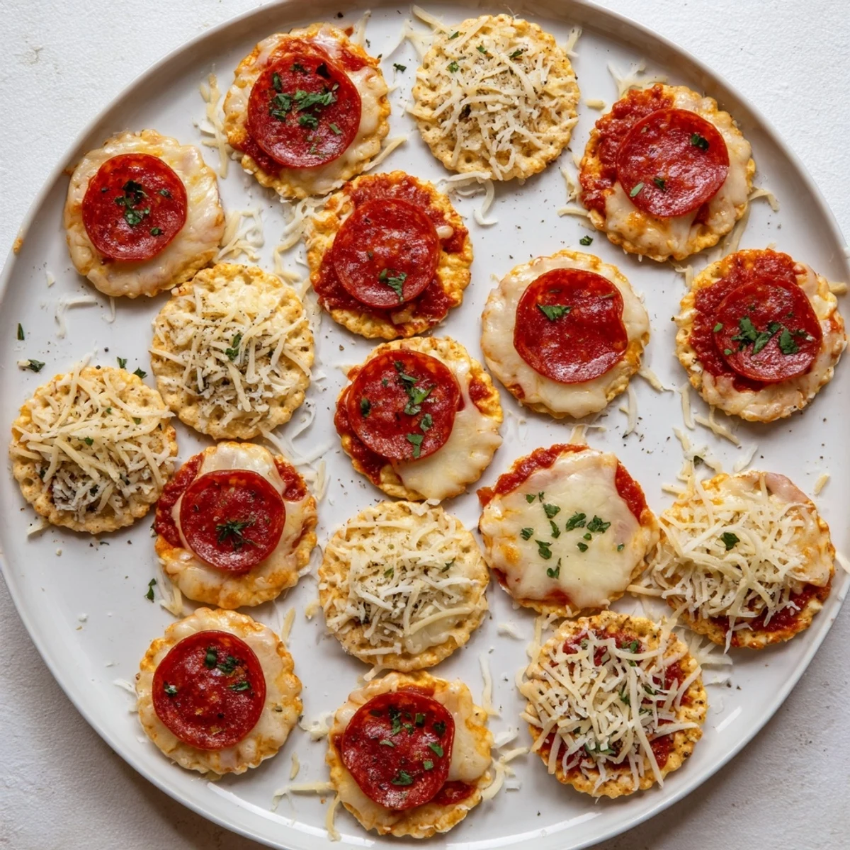 Bite-sized beef pepperoni pizza crackers on baking sheet with pizza sauce and melted cheese