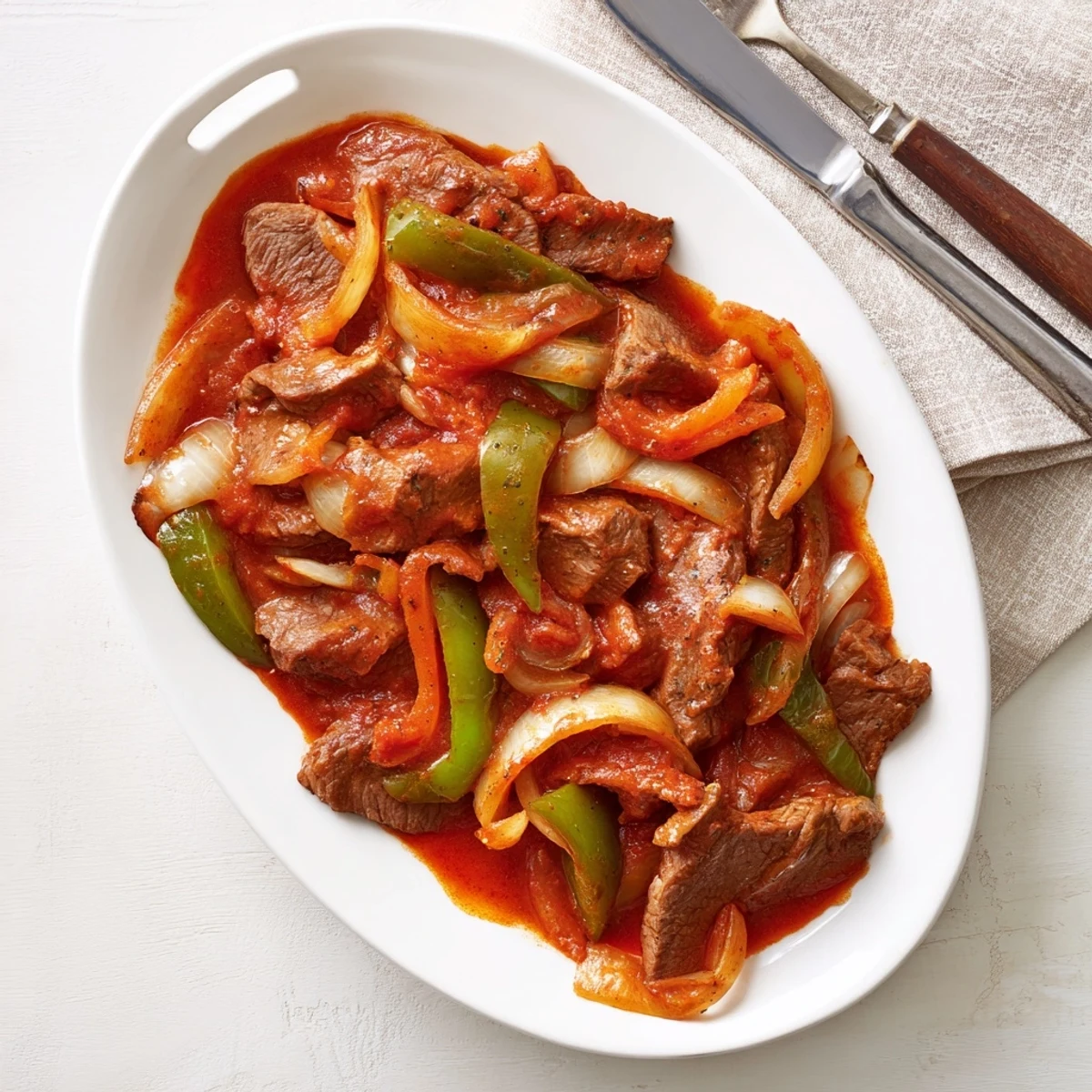 Golden brown old fashioned Swiss steak with beef simmering alongside onions and bell peppers