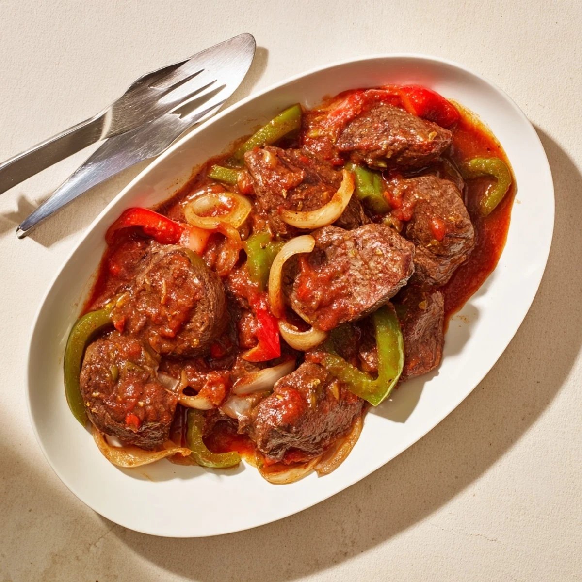 Tender old fashioned Swiss steak with beef braised in rich tomato sauce with vegetables
