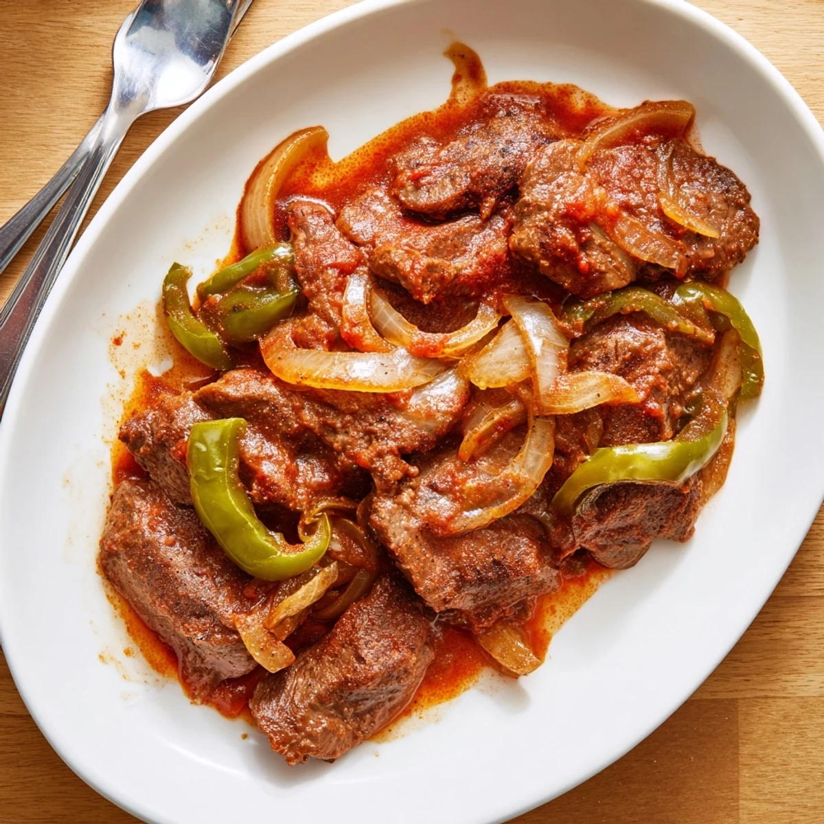 Hearty old fashioned Swiss steak with beef served in savory red sauce over mashed potatoes