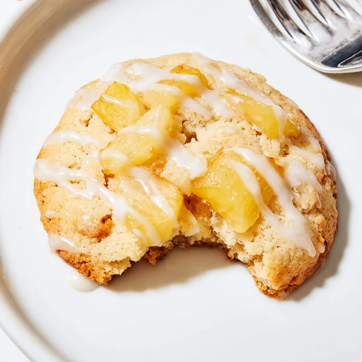Golden pineapple cookies with white glaze drizzle arranged on a cooling rack