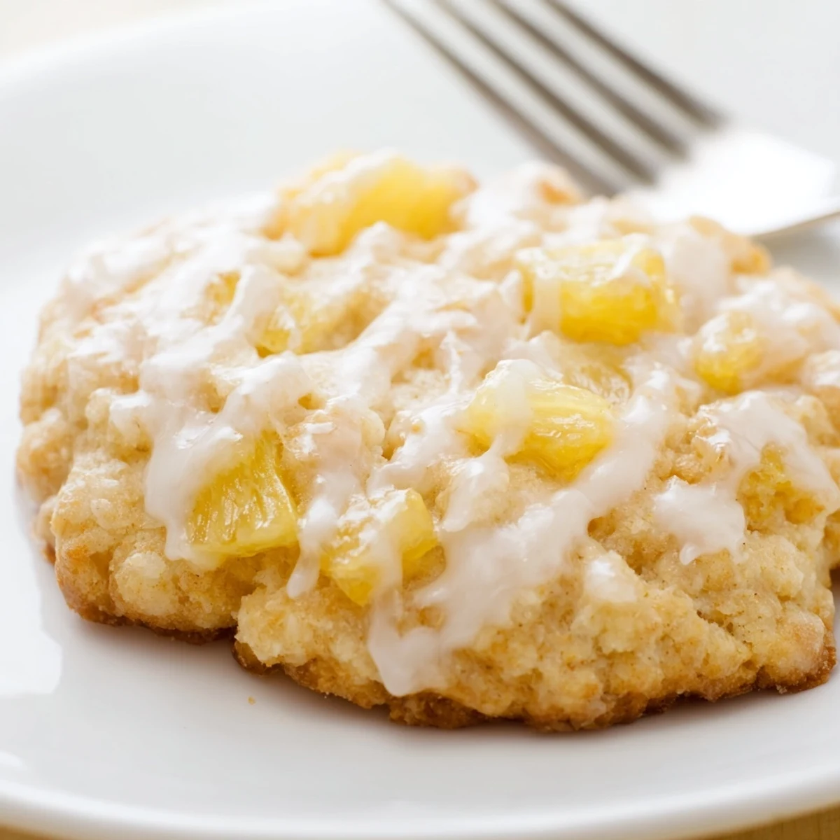 Buttery tropical pineapple cookies stacked on a white plate ready for serving