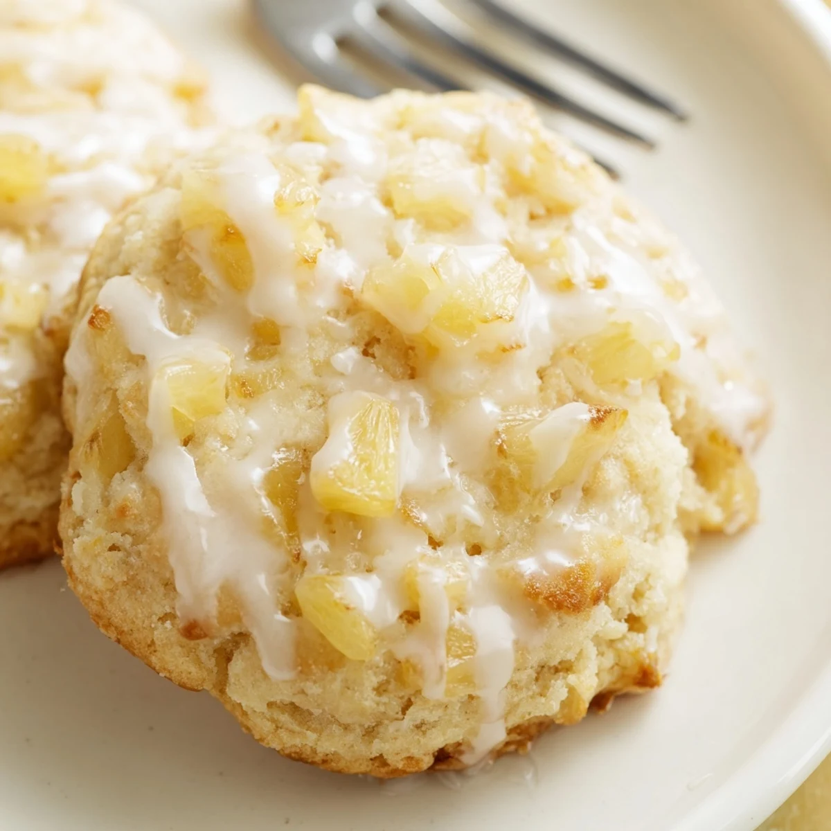 Freshly baked pineapple cookies featuring golden edges and sweet fruit chunks throughout