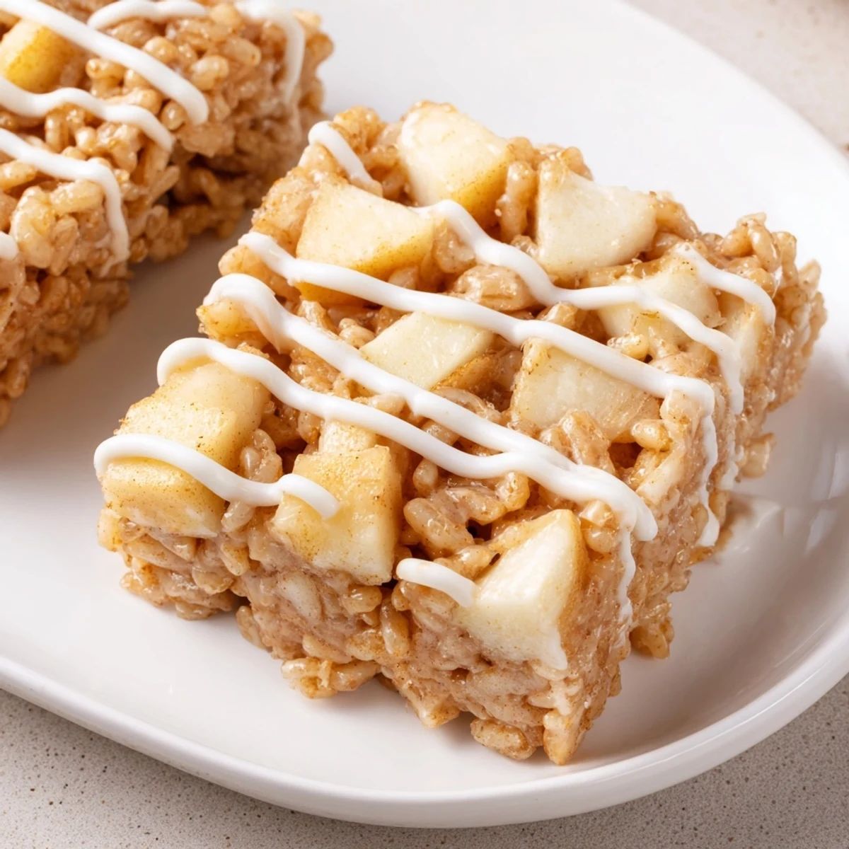 Warm spiced apple Rice Krispie squares pressed into a pan with melted marshmallow and butter